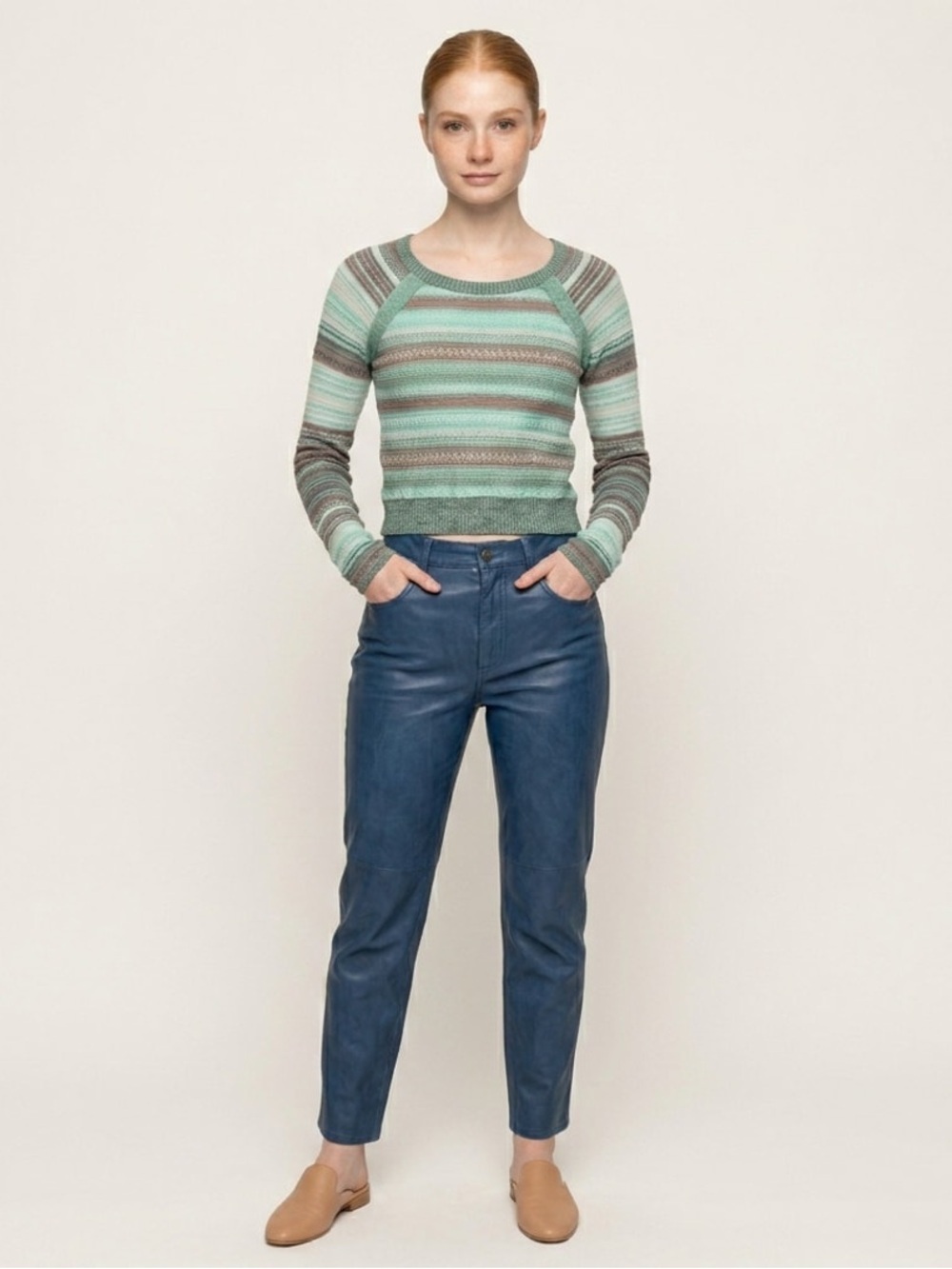 Free People Striped Turquoise & Brown Crewneck Cropped Sweater Sz M fits like S